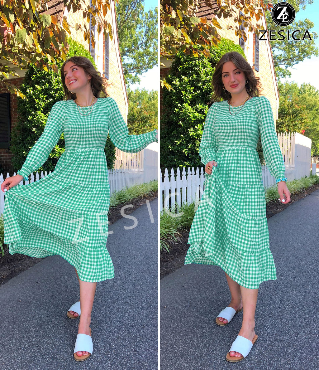 Luxuii Long Sleeve Elastic Waist Smocked Flowy Tiered Midi Dress