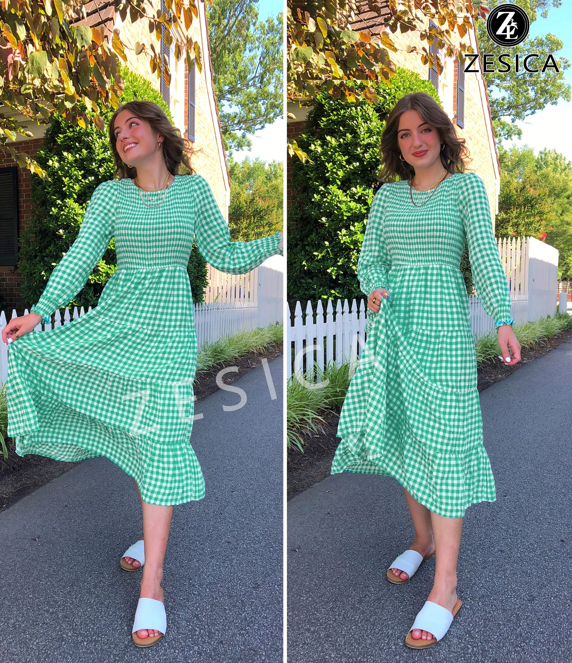 Luxuii Long Sleeve Elastic Waist Smocked Flowy Tiered Midi Dress