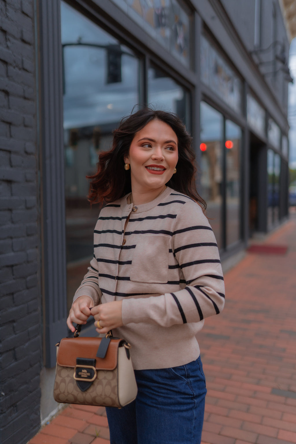Luxuii Striped Open Front Button Down Knit Outerwear Coat