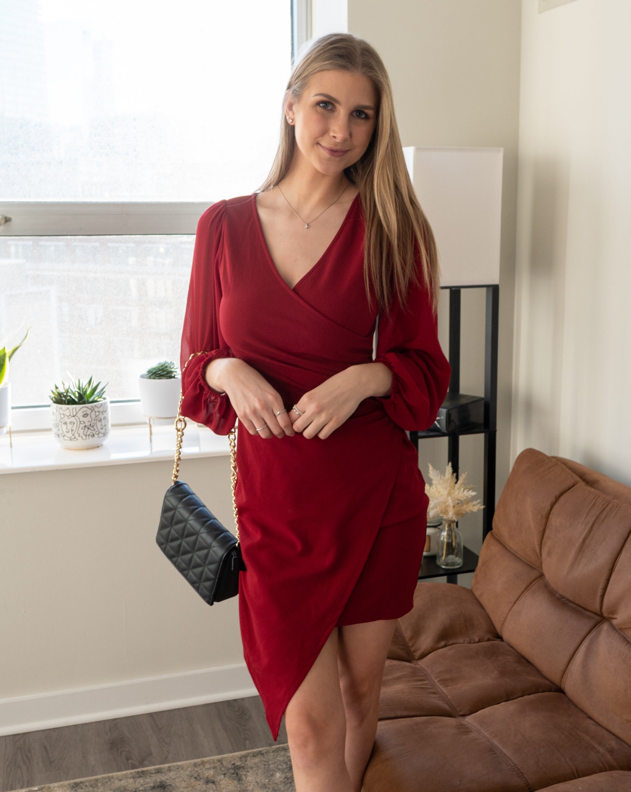 Luxuii Puff Long Sleeve Wrap V Neck Ruched Mini Dress