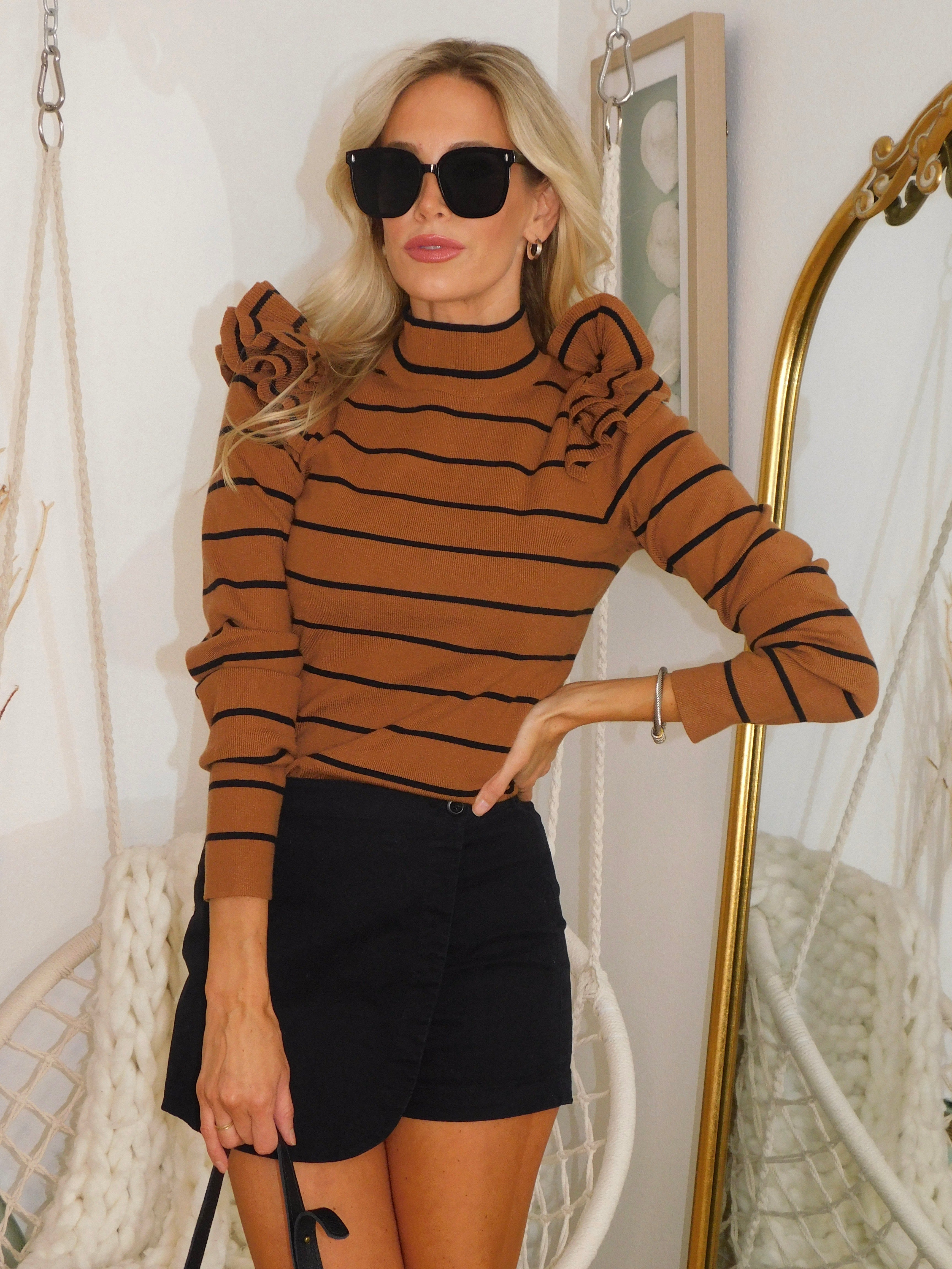 Luxuii Striped Ruffle Turtleneck Ribbed Knit Pullover Tops