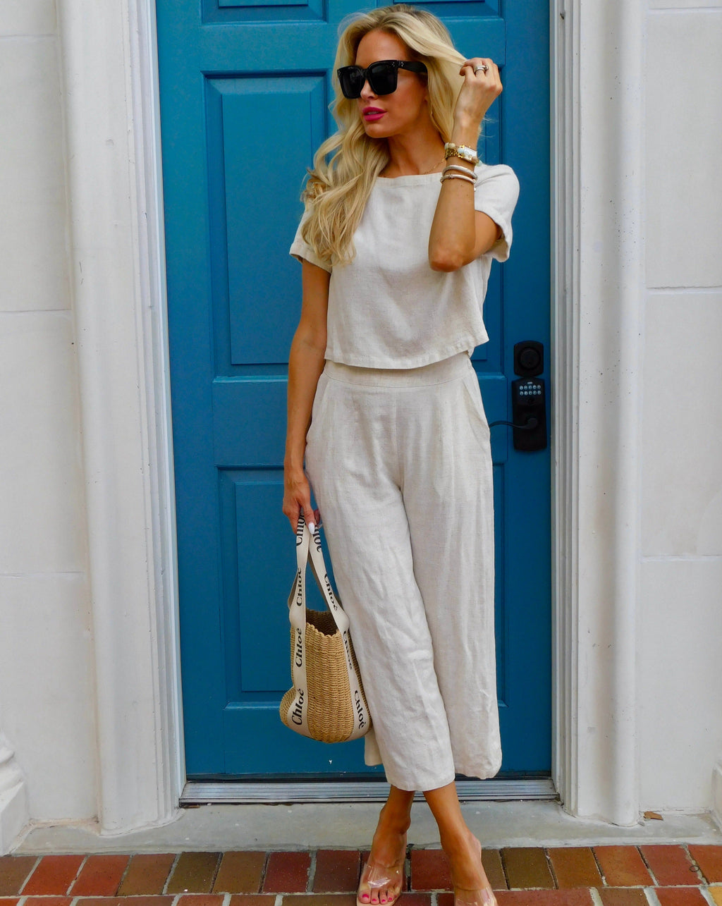 Luxuii Linen Short Sleeve Crop Top High Waist Pants Lounge Set