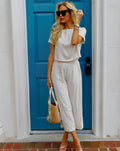 Luxuii Linen Short Sleeve Crop Top High Waist Pants Lounge Set