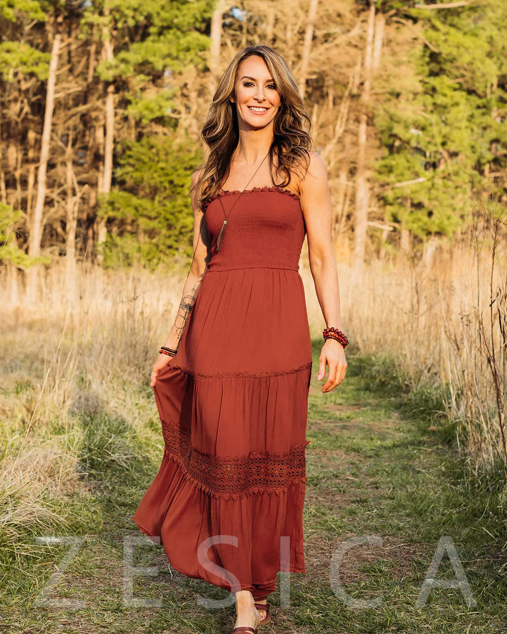 Luxuii Bohemian Strapless Lace Trim Backless Maxi Dress