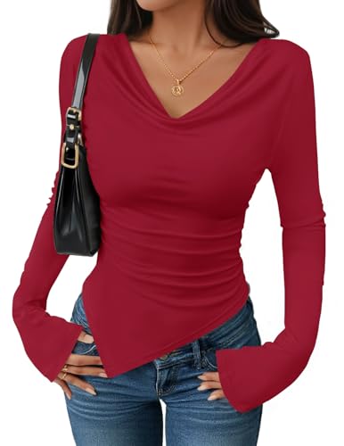Luxuii Long Sleeve Cowl Neck Shirts Slim Fit Going Out Y2k Tops
