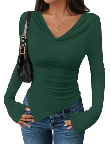 Luxuii Long Sleeve Cowl Neck Shirts Slim Fit Going Out Y2k Tops
