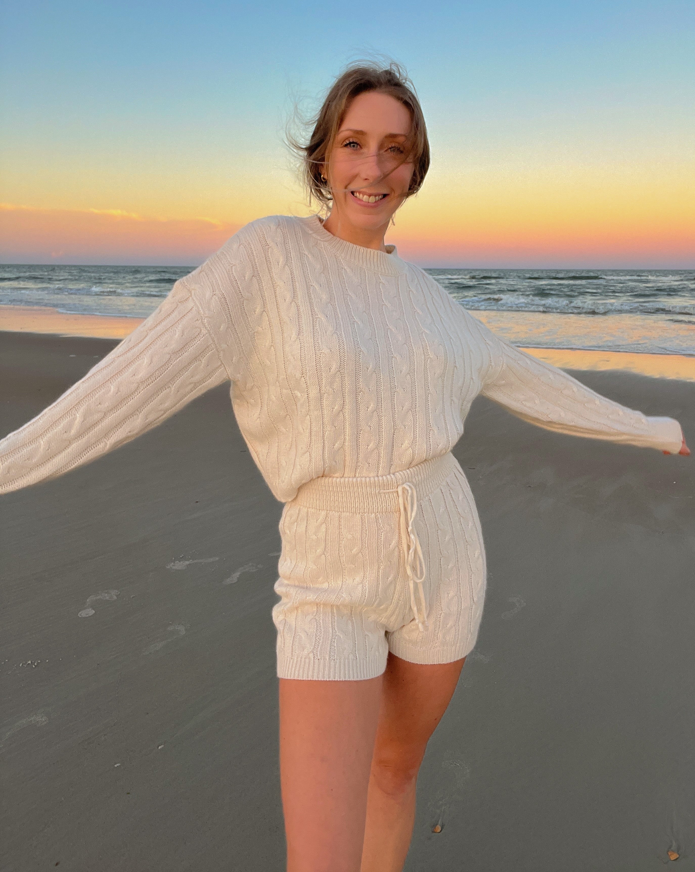 Luxuii Cable Knit Pullover Tops and Drawstring Shorts Lounge Set