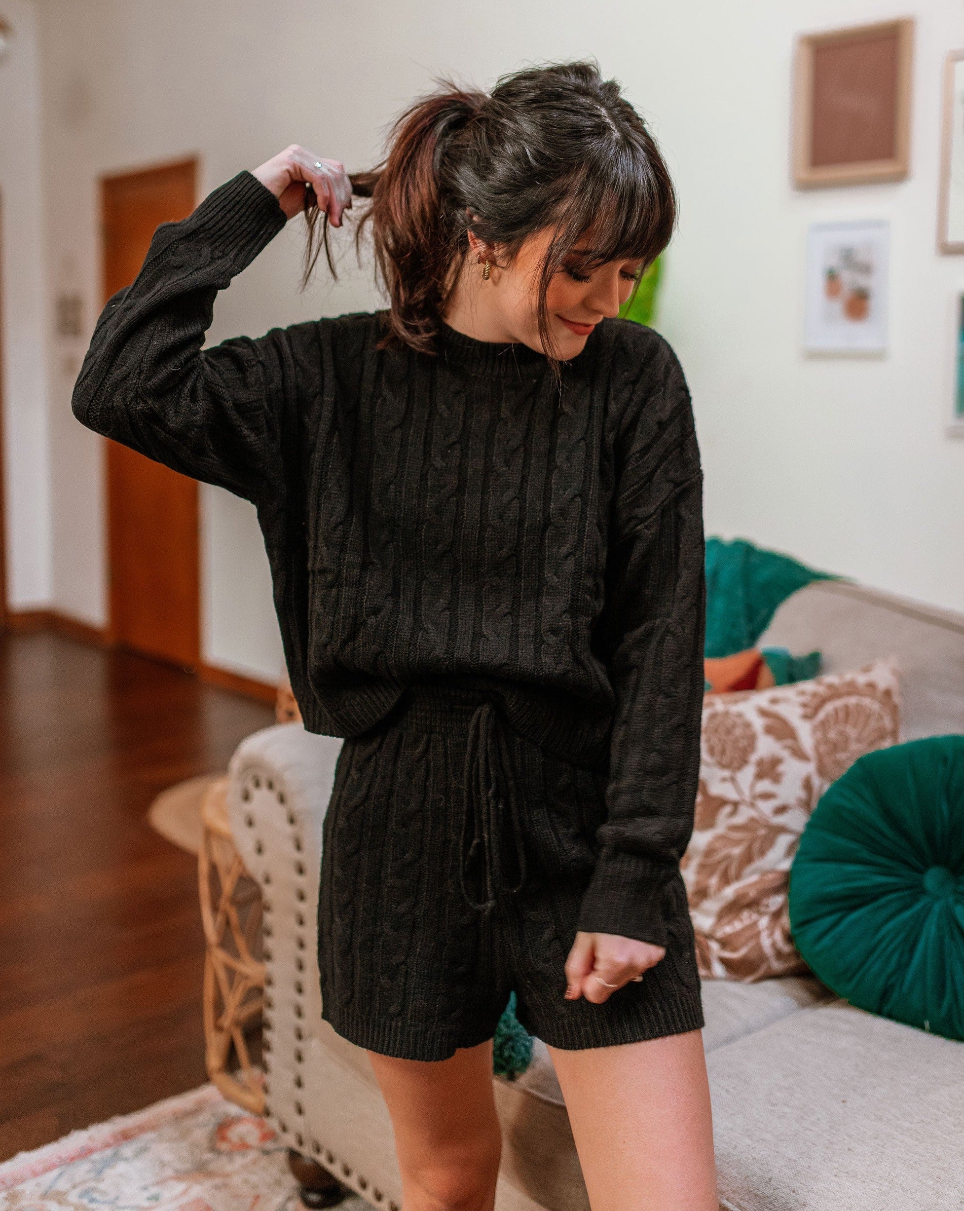 Luxuii Cable Knit Pullover Tops and Drawstring Shorts Lounge Set
