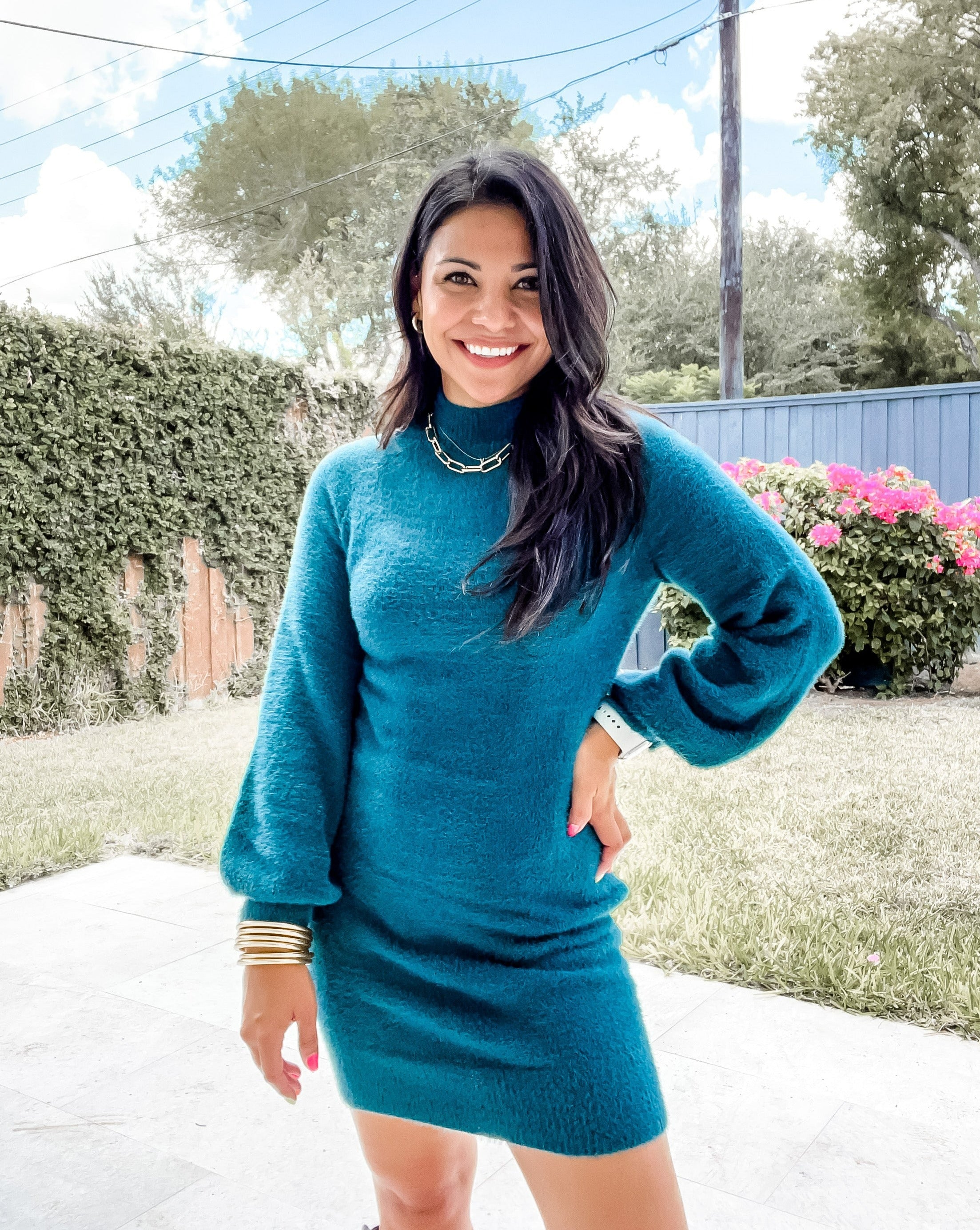 Luxuii Turtleneck Puff Sleeve Bodycon Mini Sweater Dress