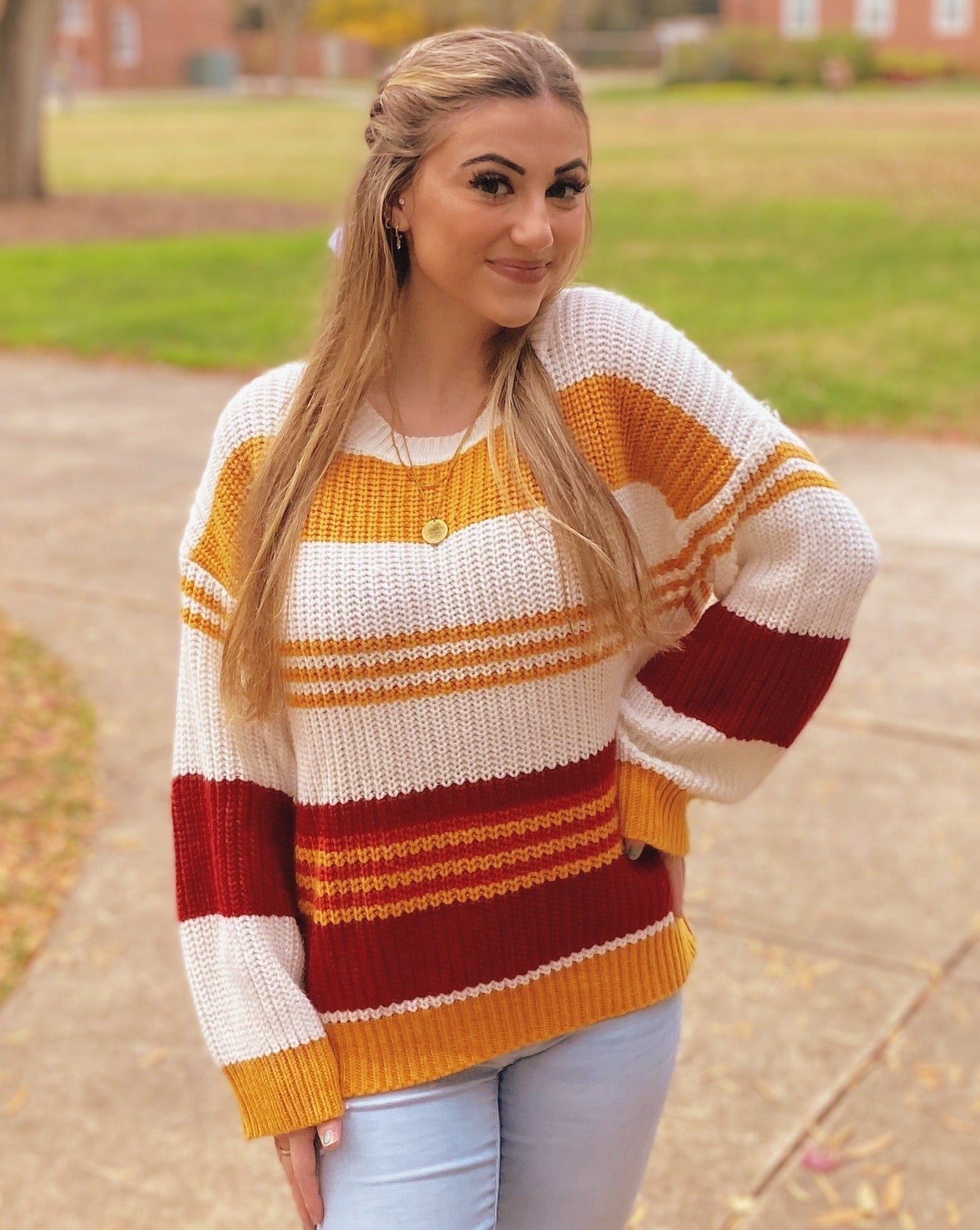 Luxuii Long Sleeve Crew Neck Striped Color Block Loose Sweater