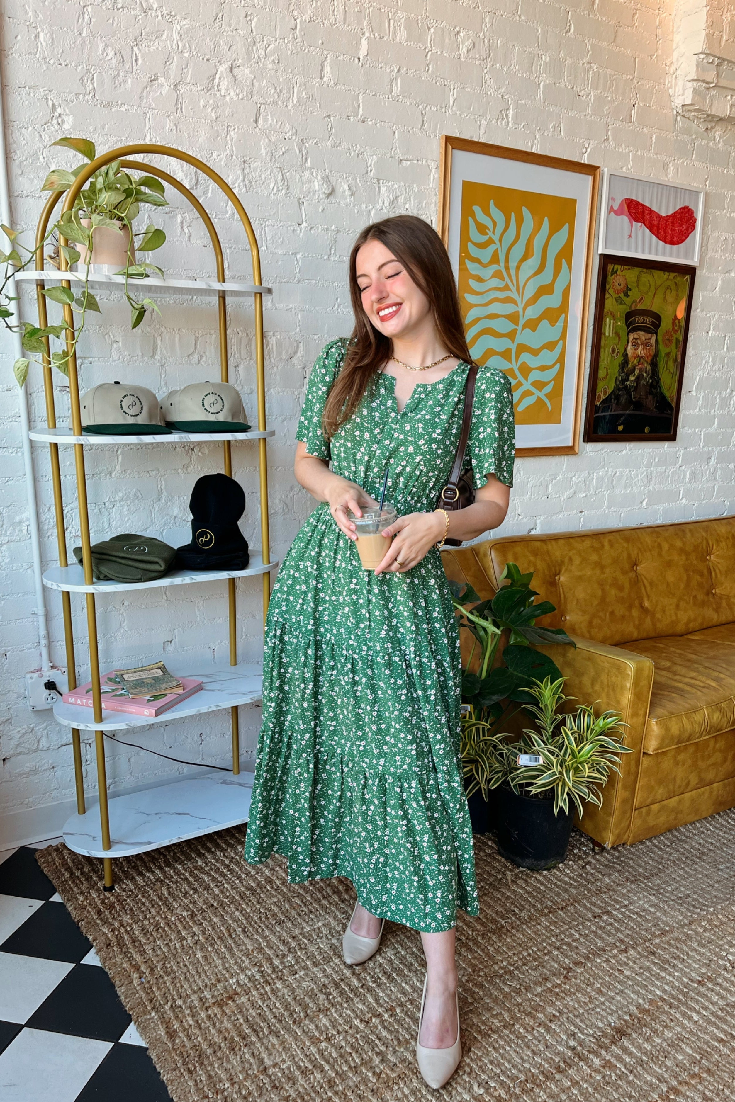 Luxuii Floral Print Short Sleeve V Neck High Waist Boho Dress