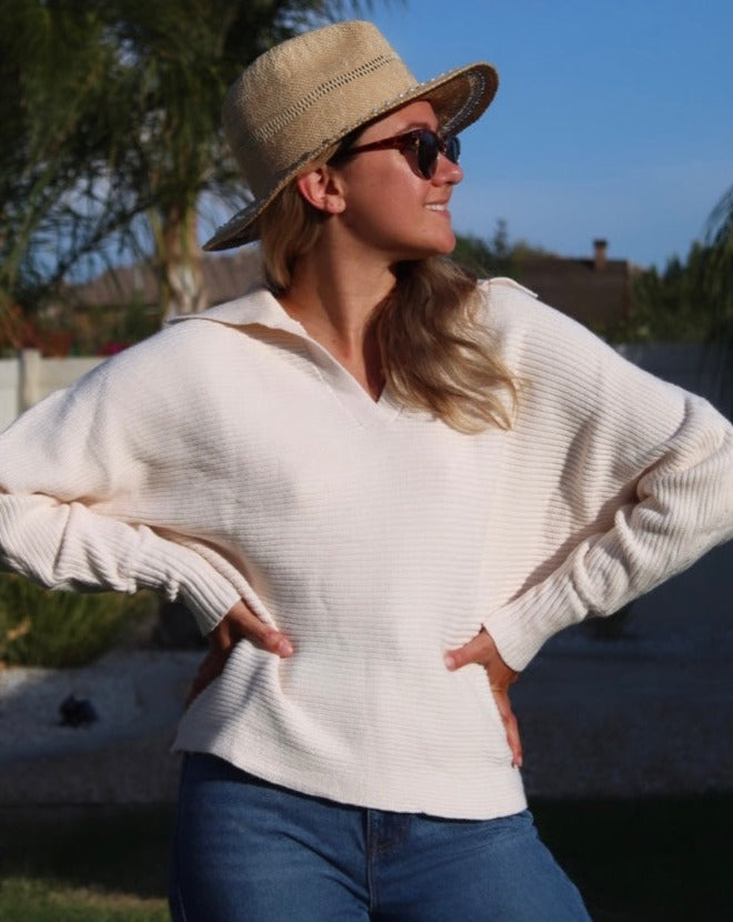 Luxuii Collar V Neck Long Sleeve Ribbed Knit Sweater
