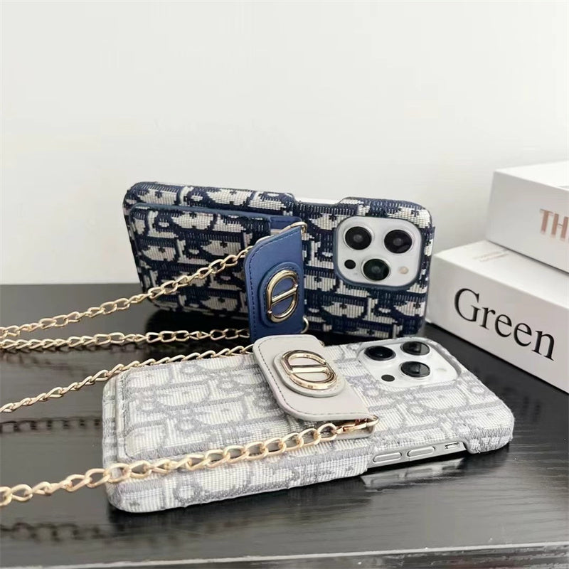 Luxury iPhone Case with Chain, Card Slot, and Metal Logo