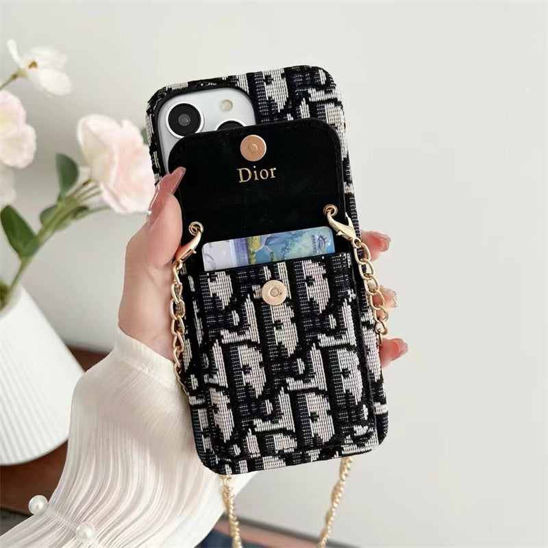 Luxury iPhone Case with Chain, Card Slot, and Metal Logo
