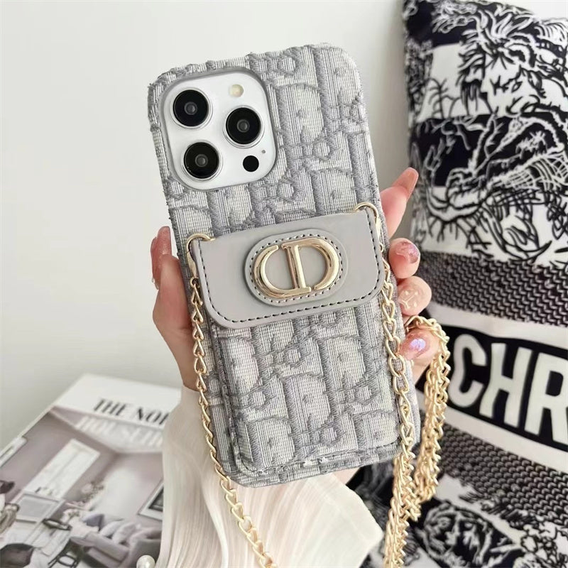Luxury iPhone Case with Chain, Card Slot, and Metal Logo