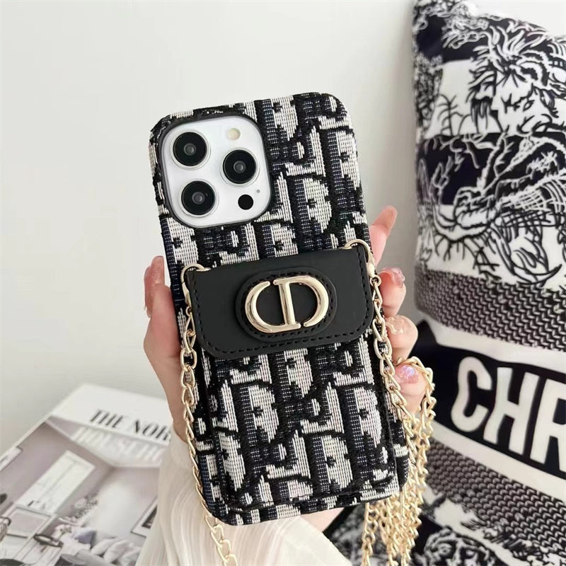 Luxury iPhone Case with Chain, Card Slot, and Metal Logo
