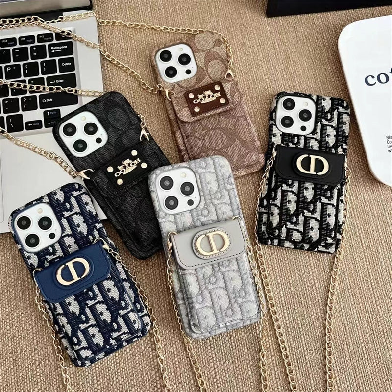 Luxury iPhone Case with Chain, Card Slot, and Metal Logo