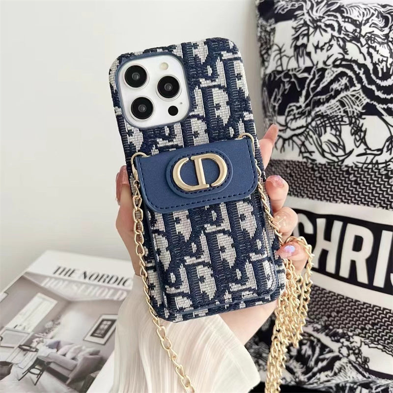 Luxury iPhone Case with Chain, Card Slot, and Metal Logo