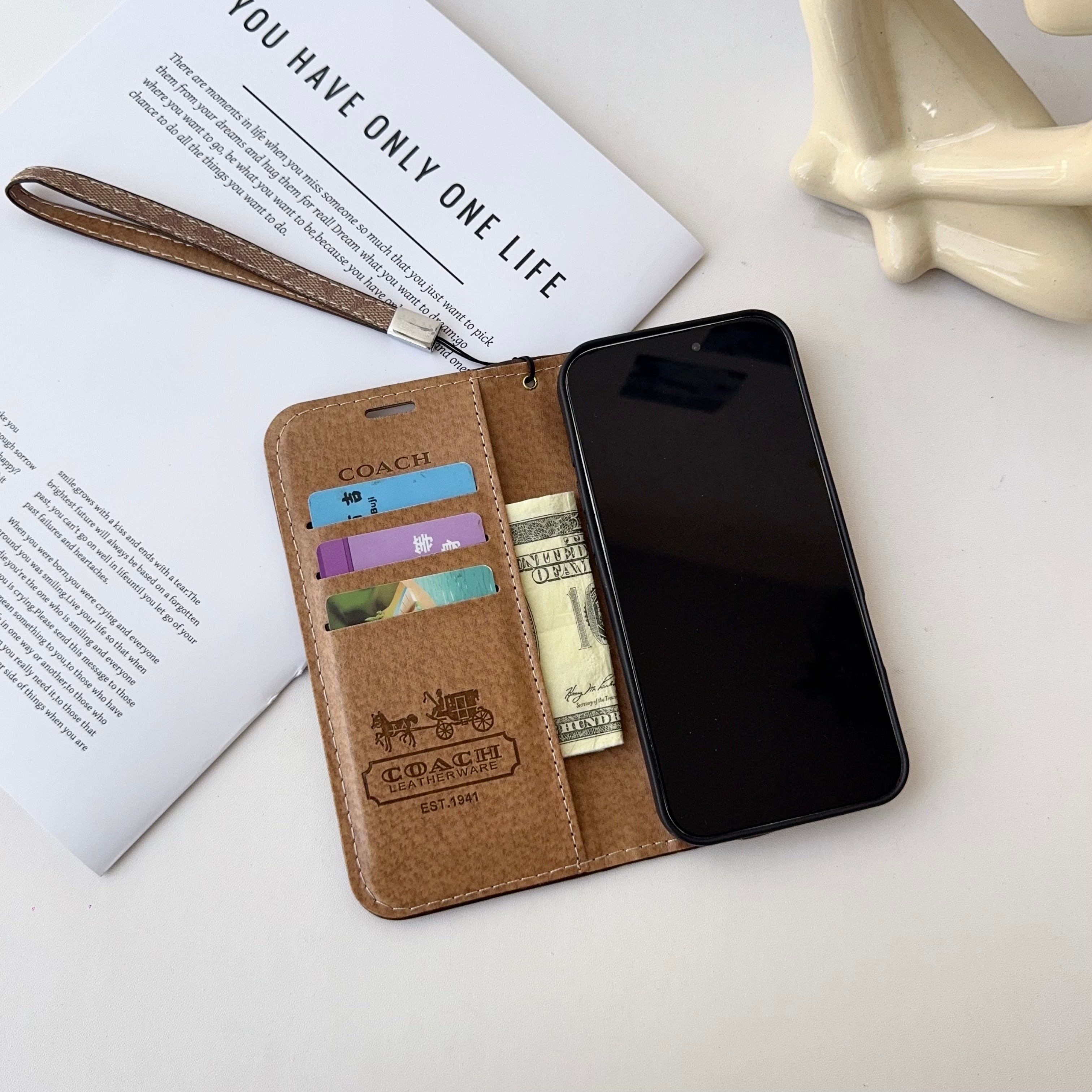 Leather Fold iPhone Case With Wallet And Strap