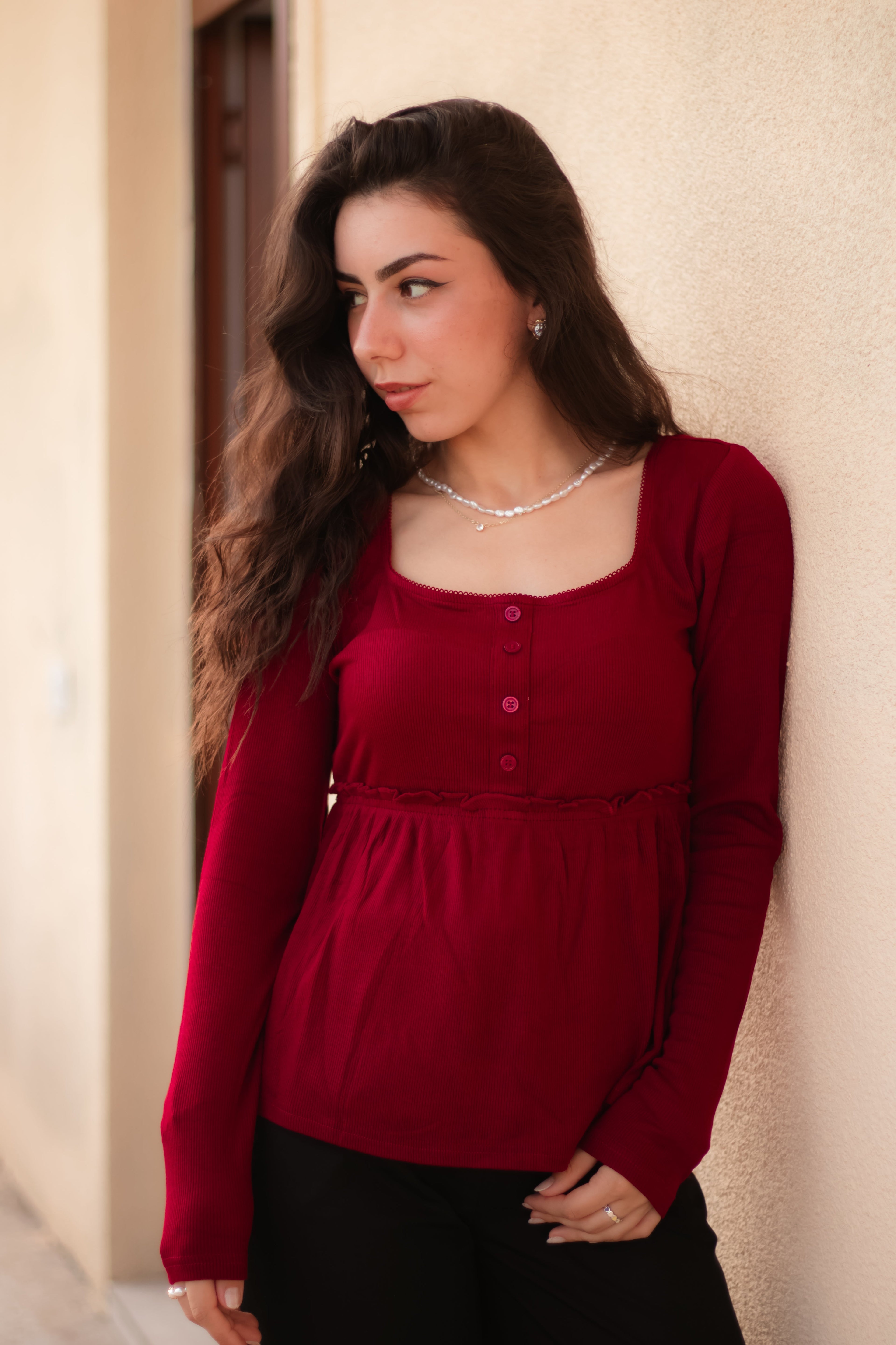 Luxuii Square Neck Tops Henley Babydoll Peplum Button Blouse