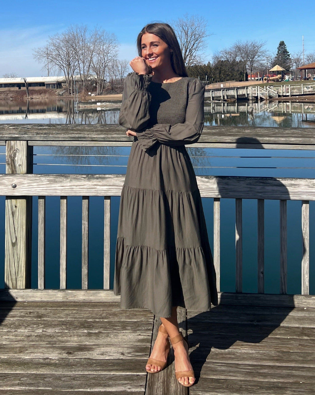 Luxuii Long Sleeve Elastic Waist Smocked Flowy Tiered Midi Dress