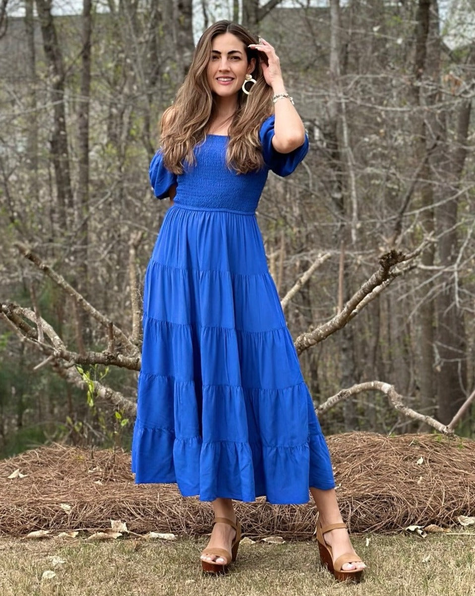 Luxuii Square Neck Smocked A Line Tiered Midi Dress