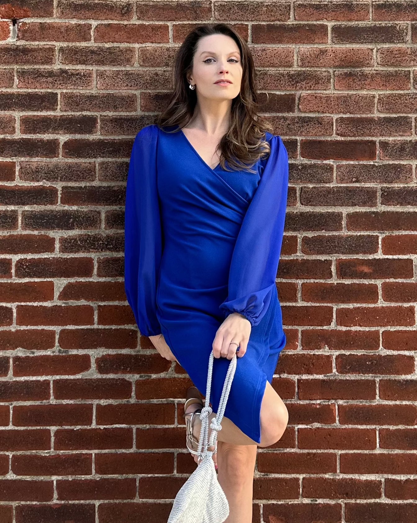 Luxuii Puff Long Sleeve Wrap V Neck Ruched Mini Dress