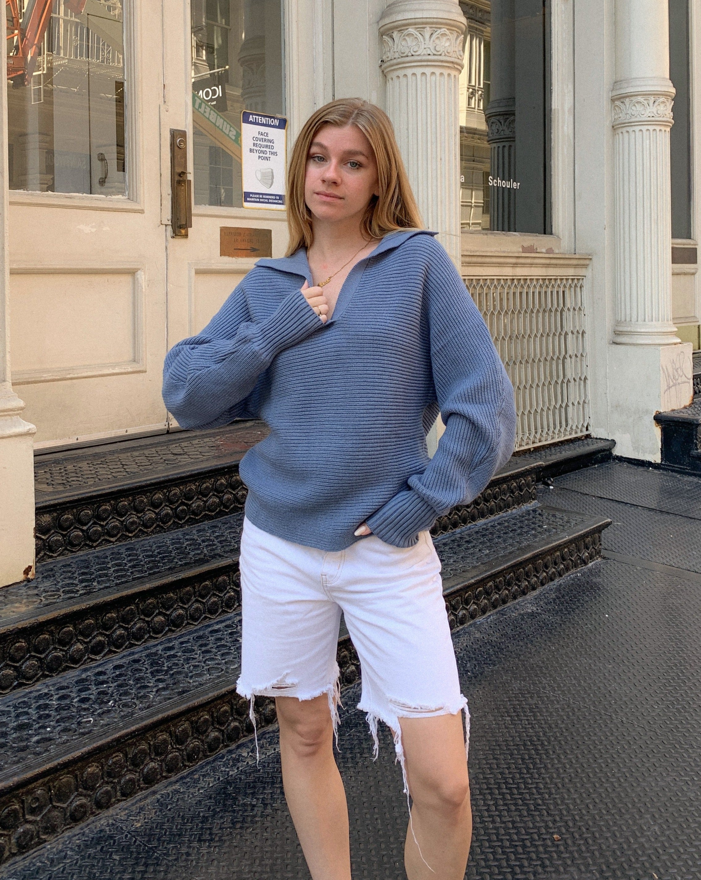 Luxuii Collar V Neck Long Sleeve Ribbed Knit Sweater