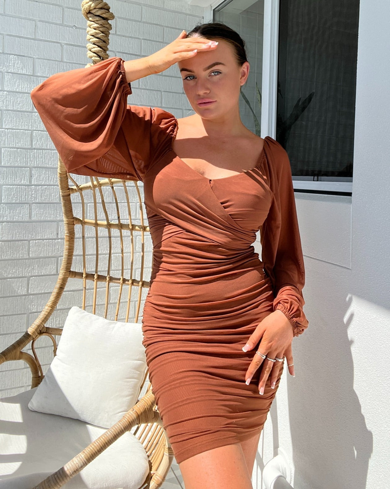 Luxuii Puff Long Sleeve Sexy V Neck Ruched Bodycon Mini Dress