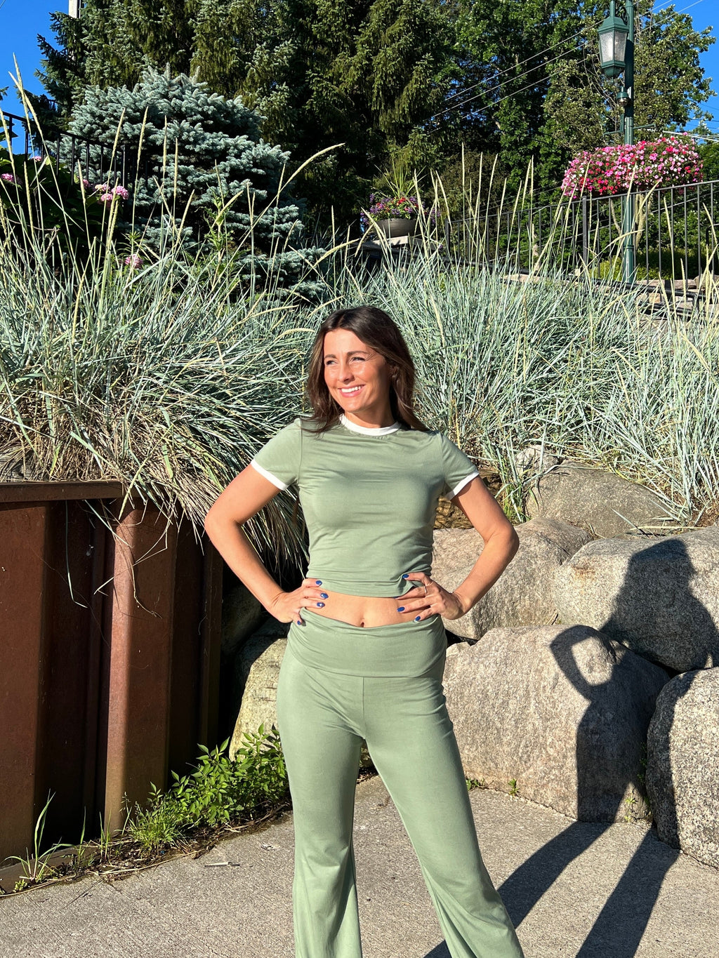 Luxuii Short Sleeve Knit Crop Top High Waist Flare Pants Tracksuits