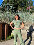 Luxuii Short Sleeve Knit Crop Top High Waist Flare Pants Tracksuits