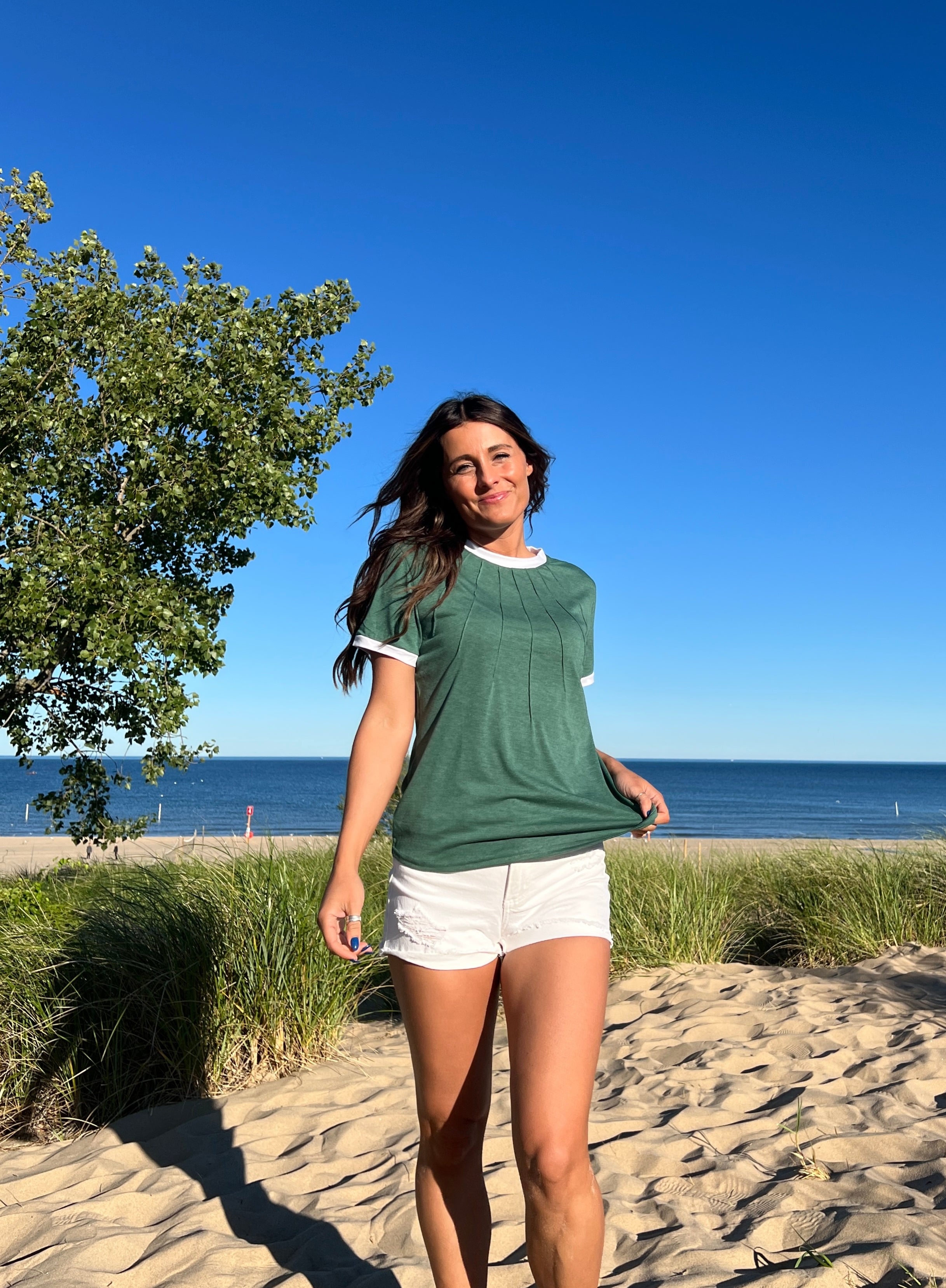Luxuii WShort Sleeve Pleated Shirts Crewneck Color Block Tops