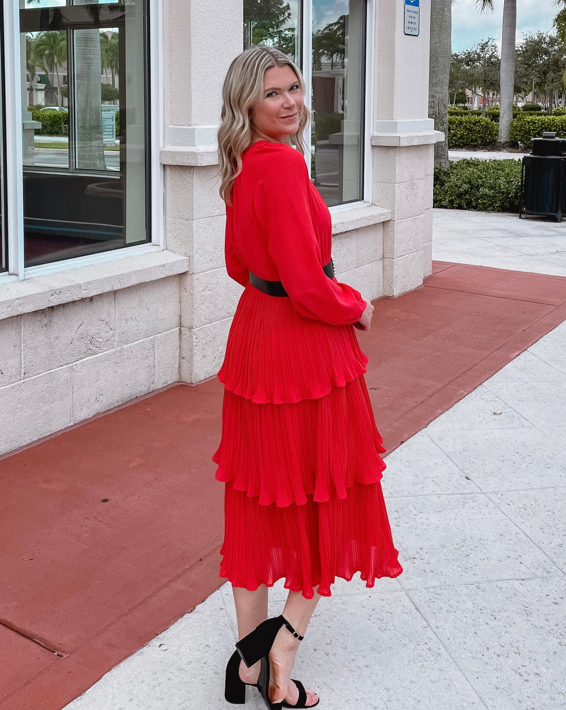 Luxuii Long Sleeve Crew Neck Ruffle Tiered Chiffon Midi Dress