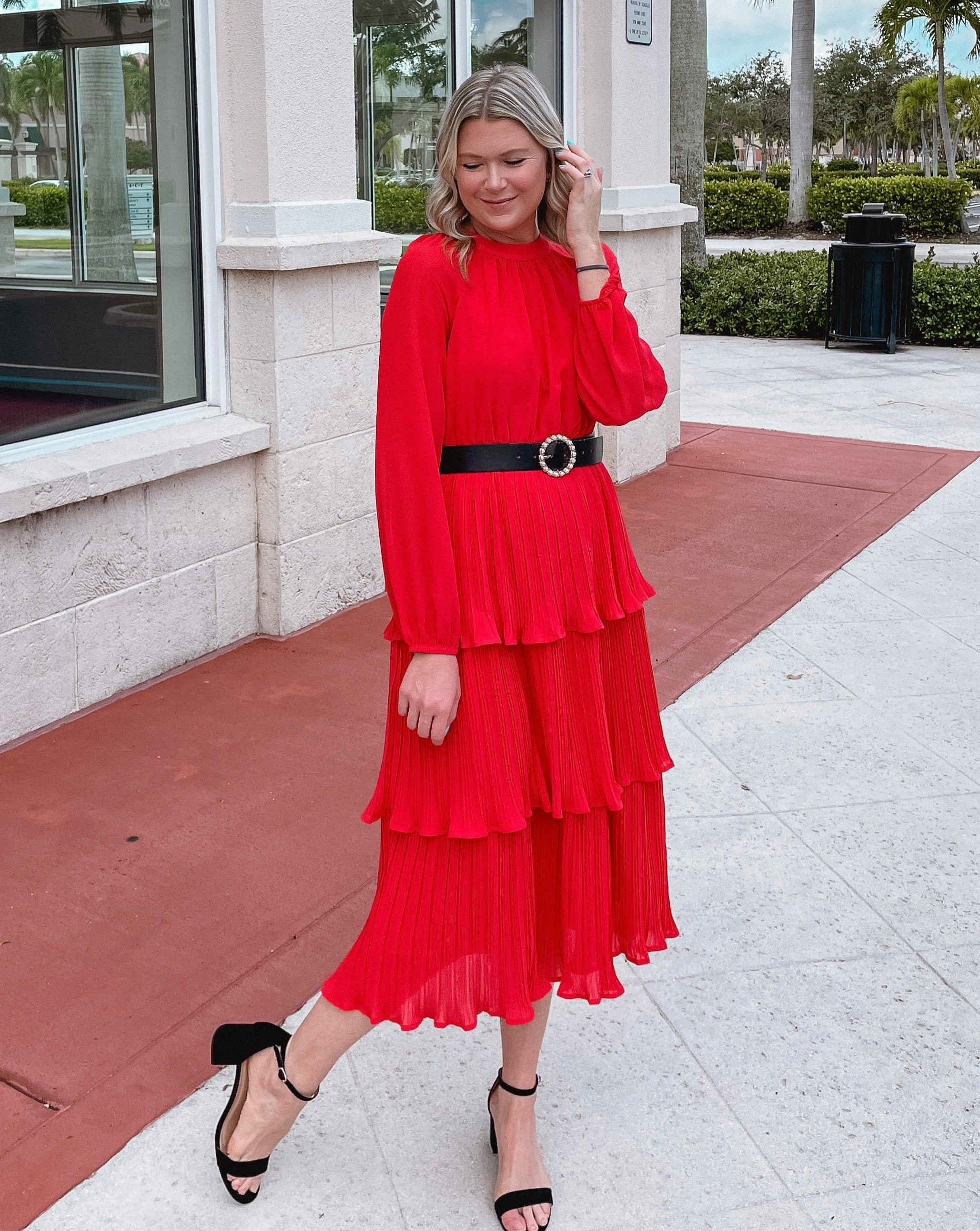 Luxuii Long Sleeve Crew Neck Ruffle Tiered Chiffon Midi Dress