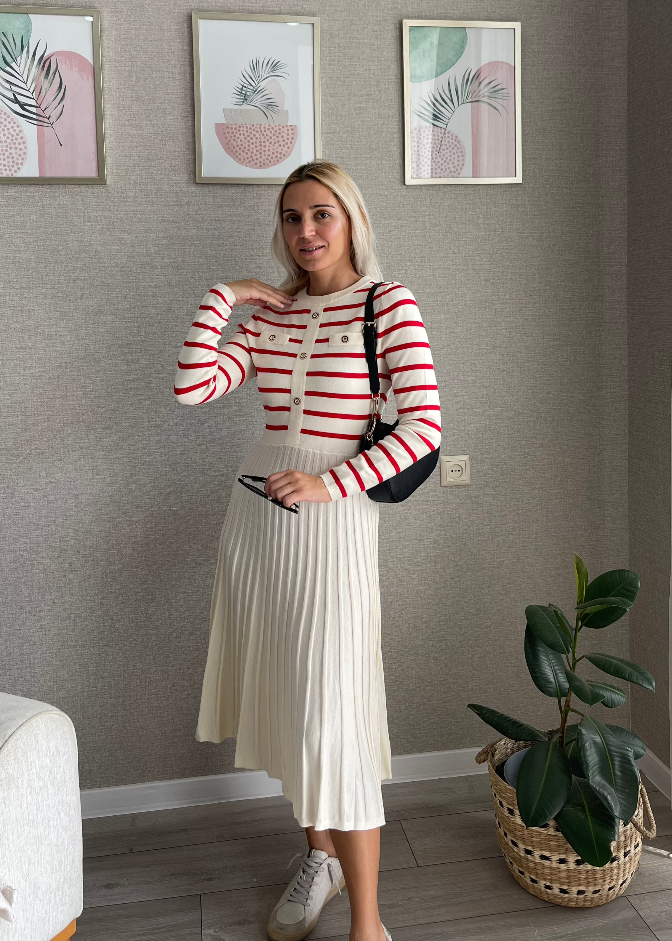 Luxuii Striped Crewneck Button Ribbed Knit Sweater Dress