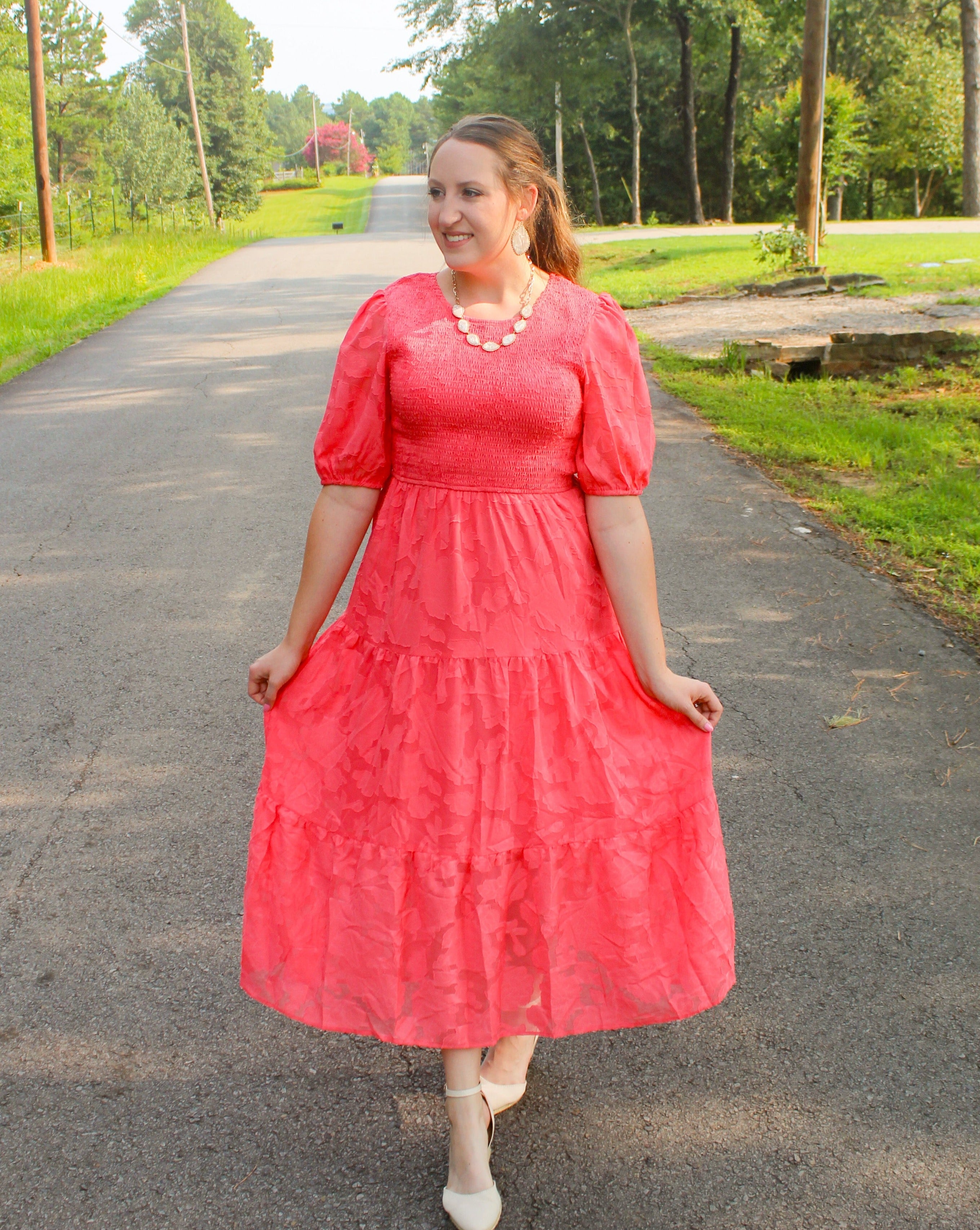 Luxuii Floral Lace Flowy Short Sleeve Smocked Midi Dress