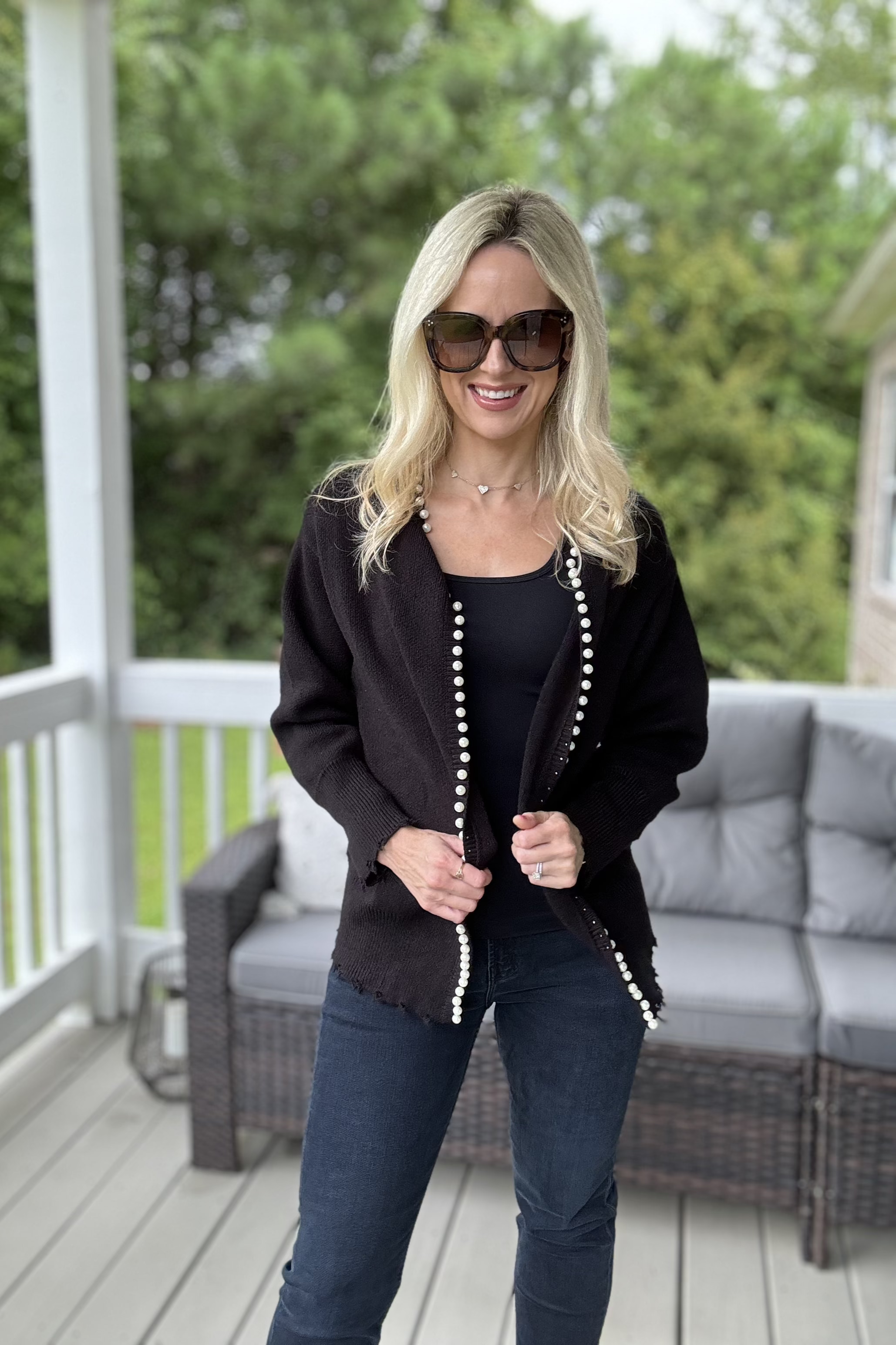Luxuii Open Front Casual Knitted Long Sleeve Pearls Trim Coat