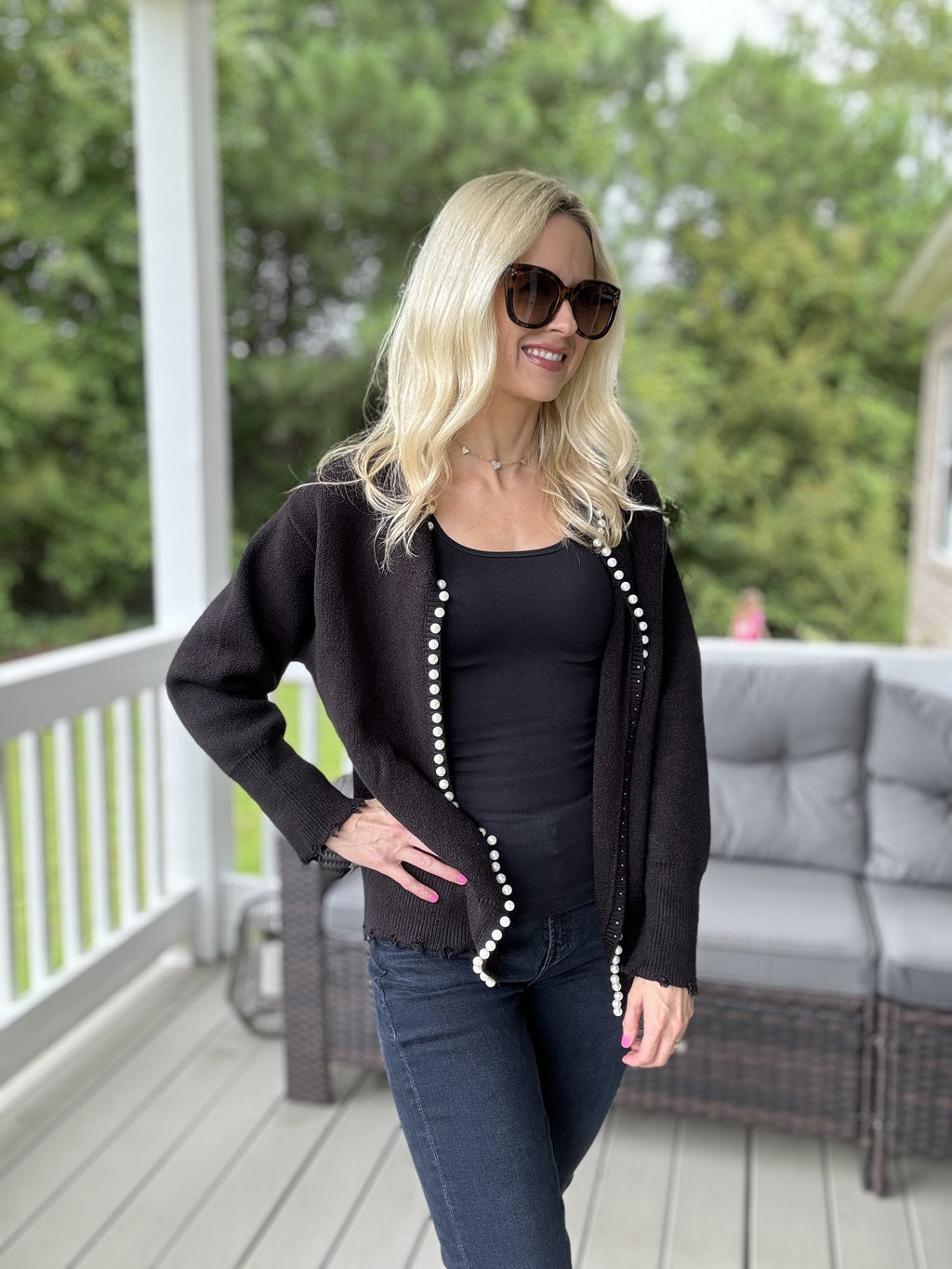 Luxuii Open Front Casual Knitted Long Sleeve Pearls Trim Coat