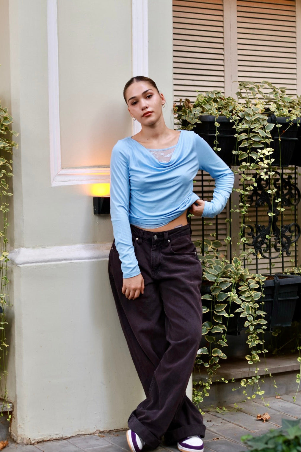 Luxuii Cowl Neck Lace Slim Fit Going Out Y2k Knit Shirts Blouses