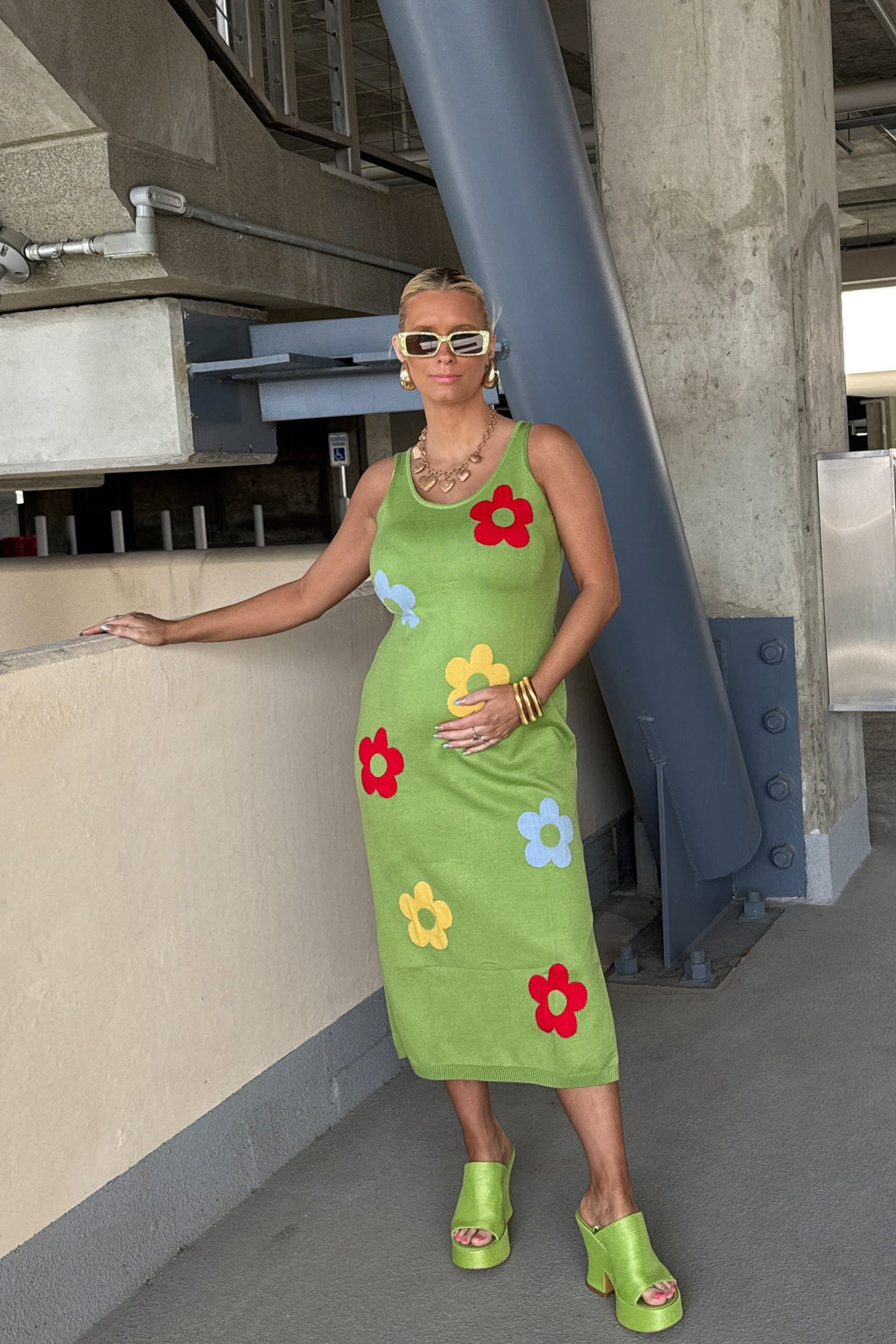 Luxuii Knit Bodycon Sleeveless Floral Crewneck Color Block Dresses