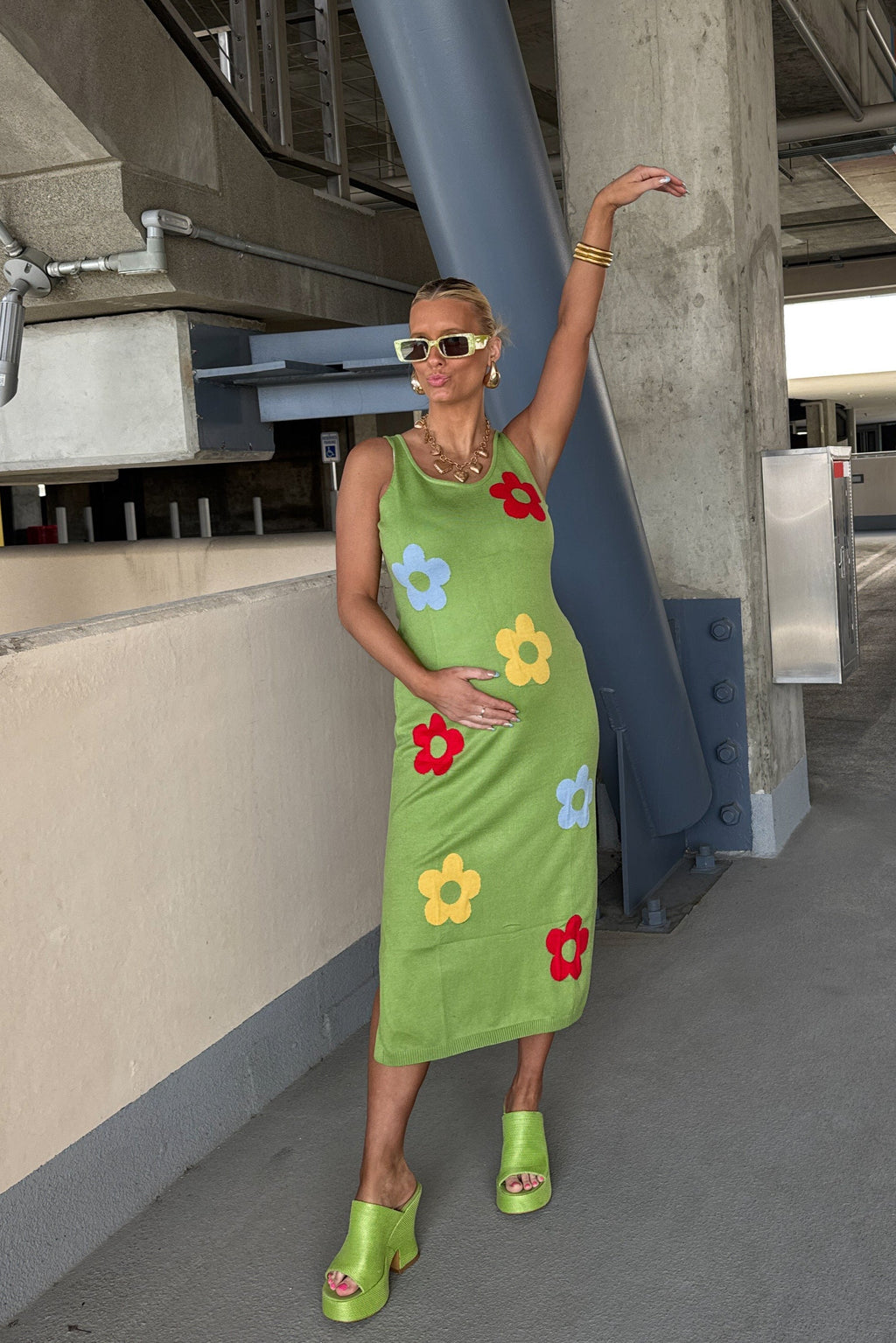 Luxuii Knit Bodycon Sleeveless Floral Crewneck Color Block Dresses