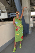 Luxuii Knit Bodycon Sleeveless Floral Crewneck Color Block Dresses