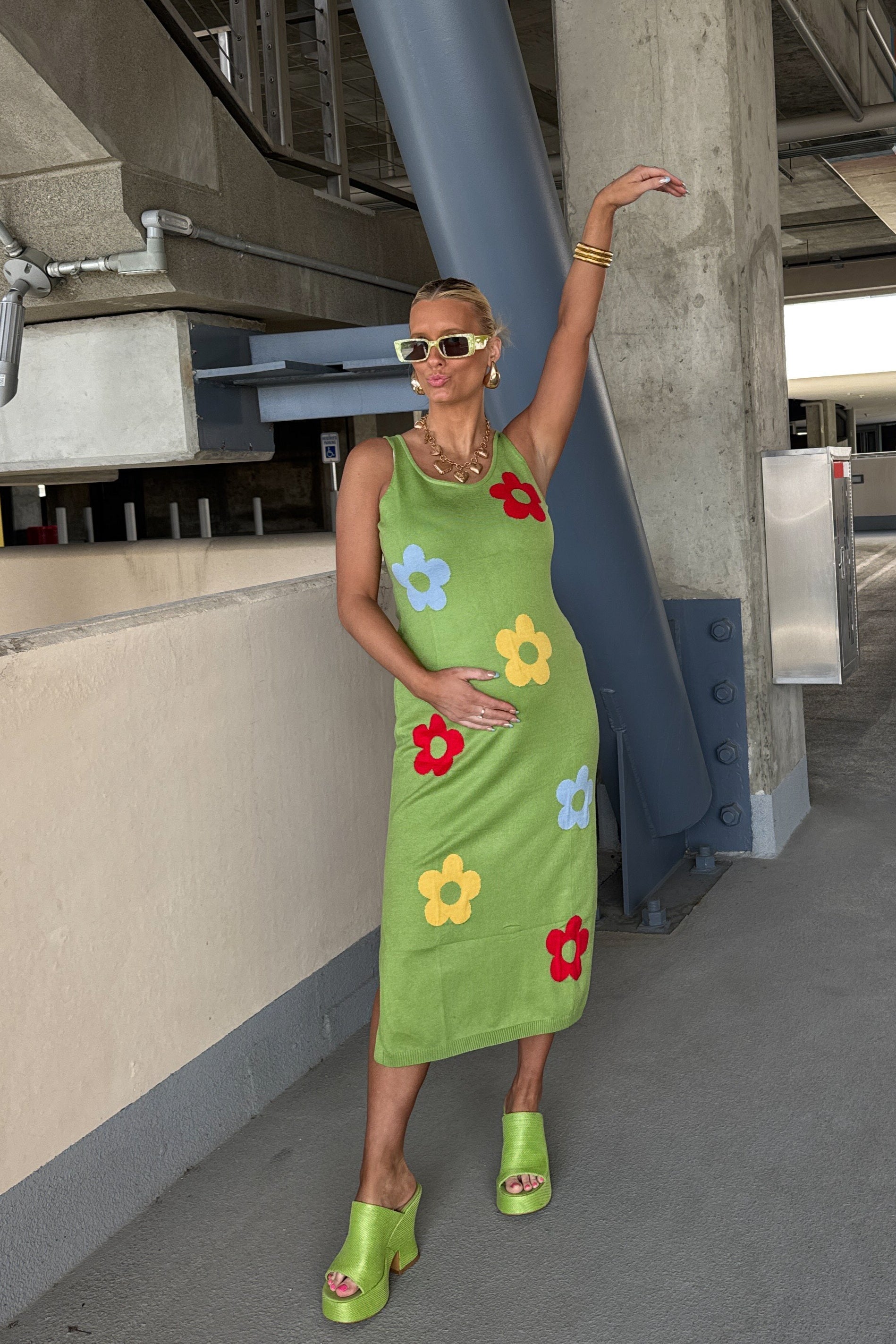 Luxuii Knit Bodycon Sleeveless Floral Crewneck Color Block Dresses