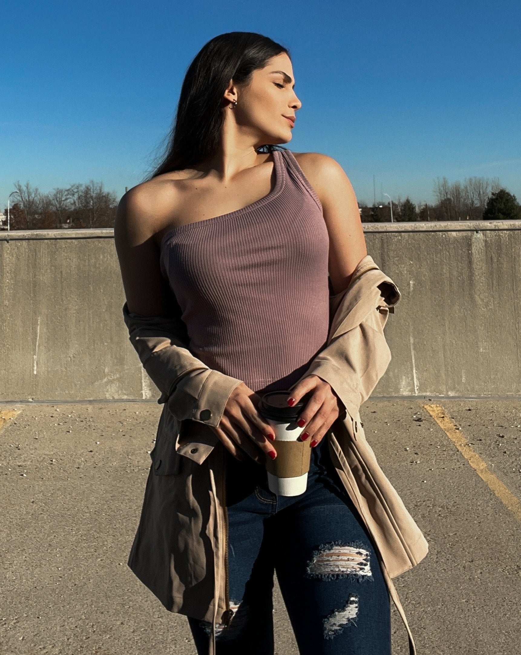 Luxuii One Shoulder Sleeveless Ribbed Knit Top