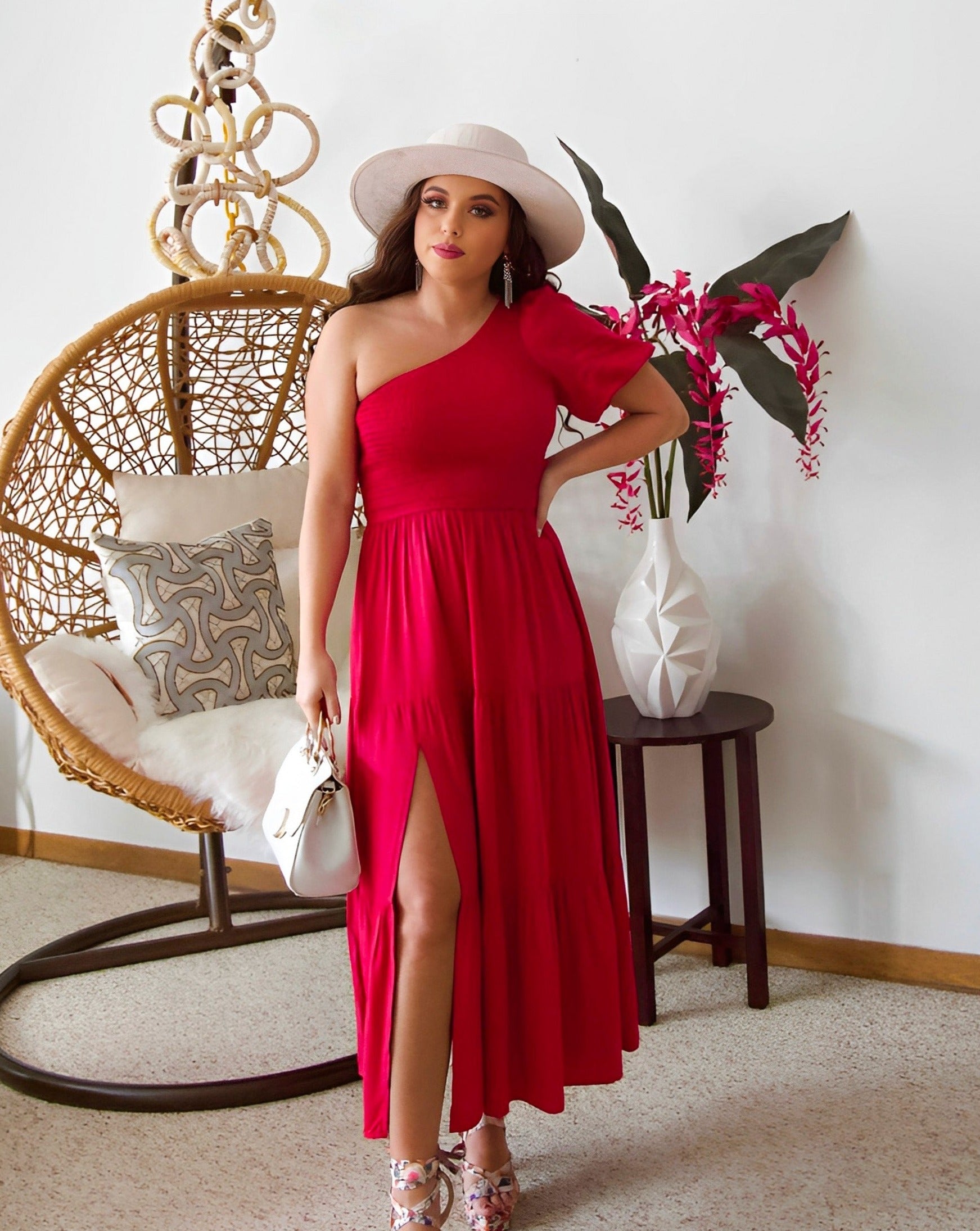 Luxuii Boho One Shoulder Smocked Swing Midi Dress