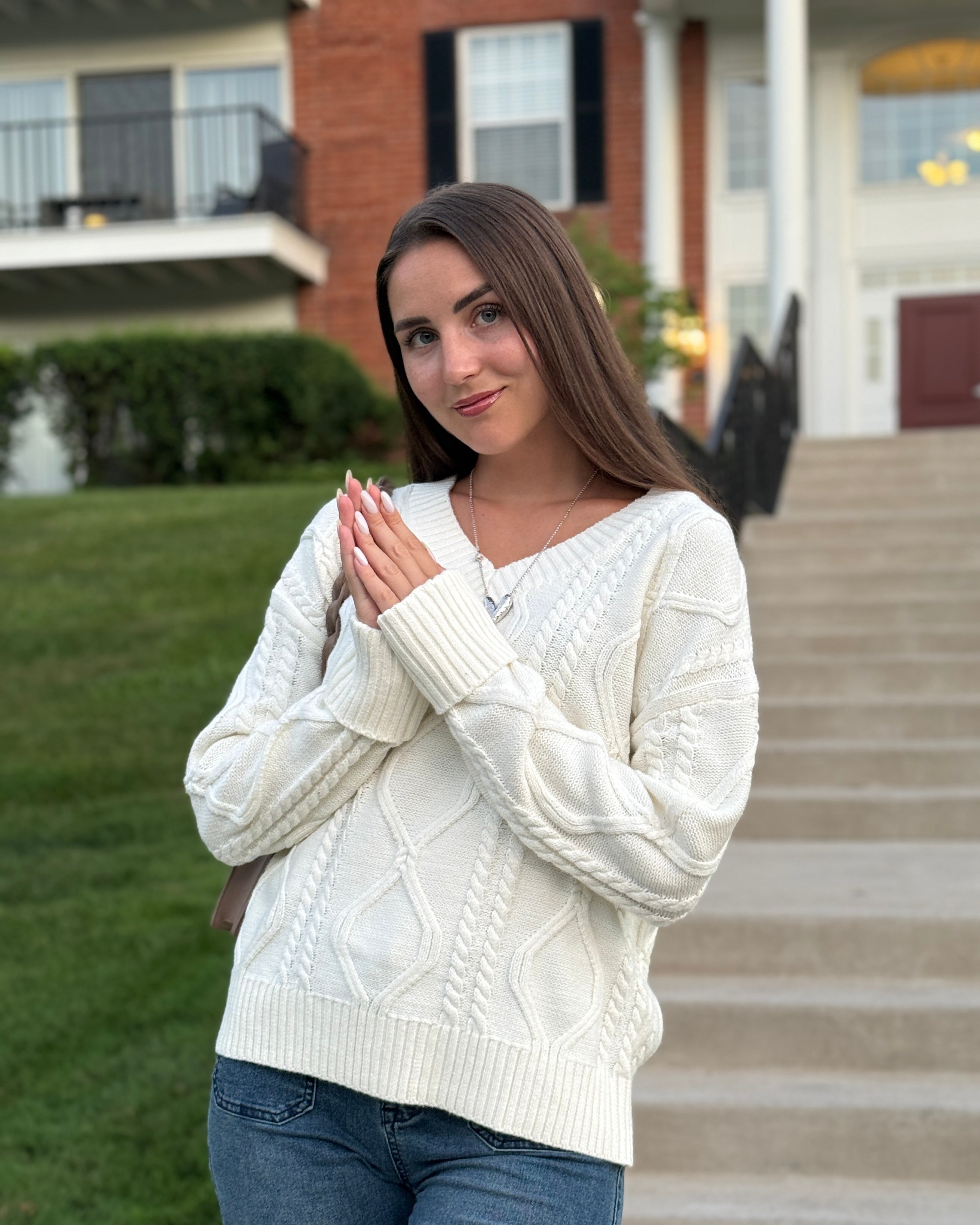 Luxuii Fall Sweaters V Neck Cable Knit Trendy Pullover Tops