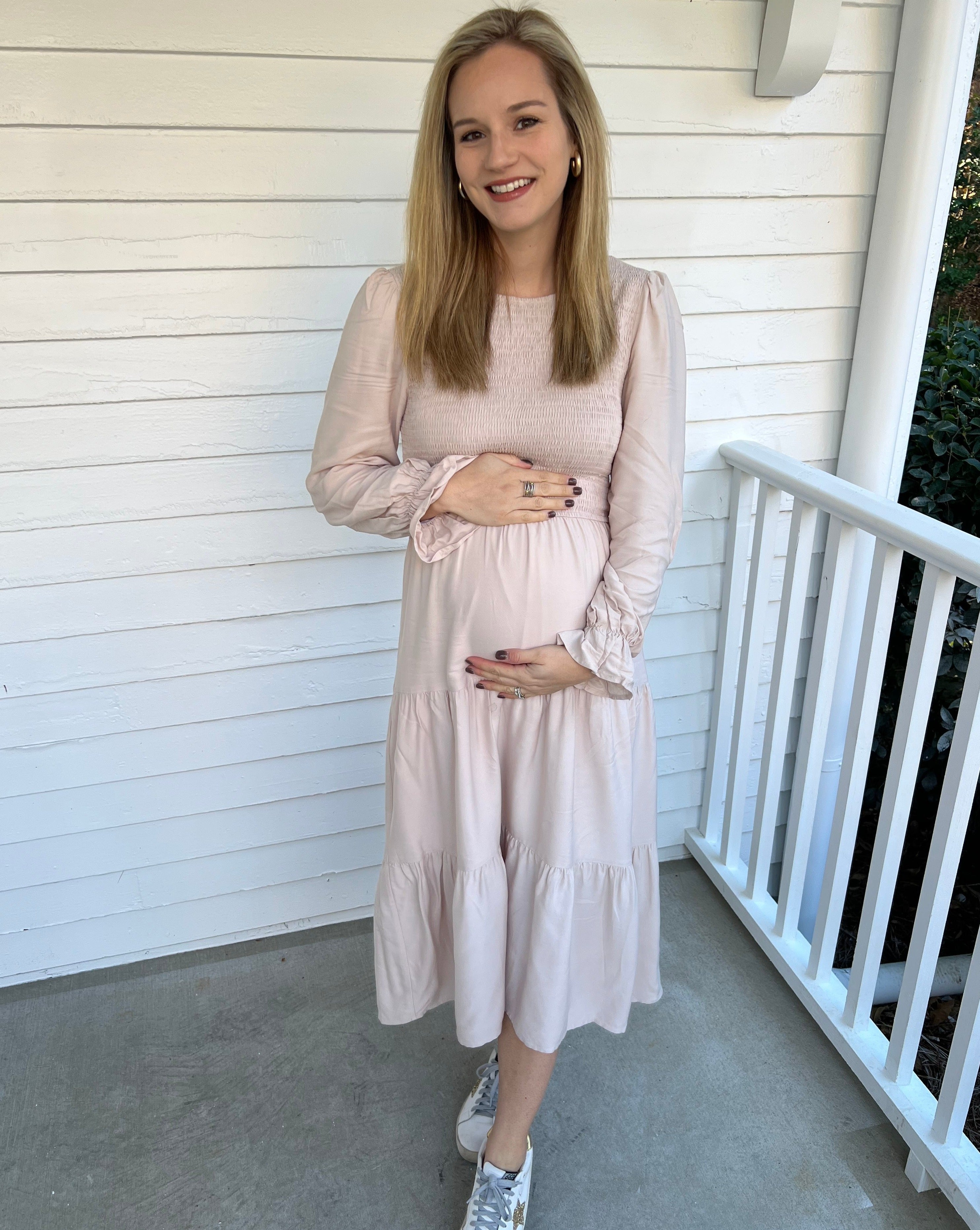 Luxuii Long Sleeve Elastic Waist Smocked Flowy Tiered Midi Dress