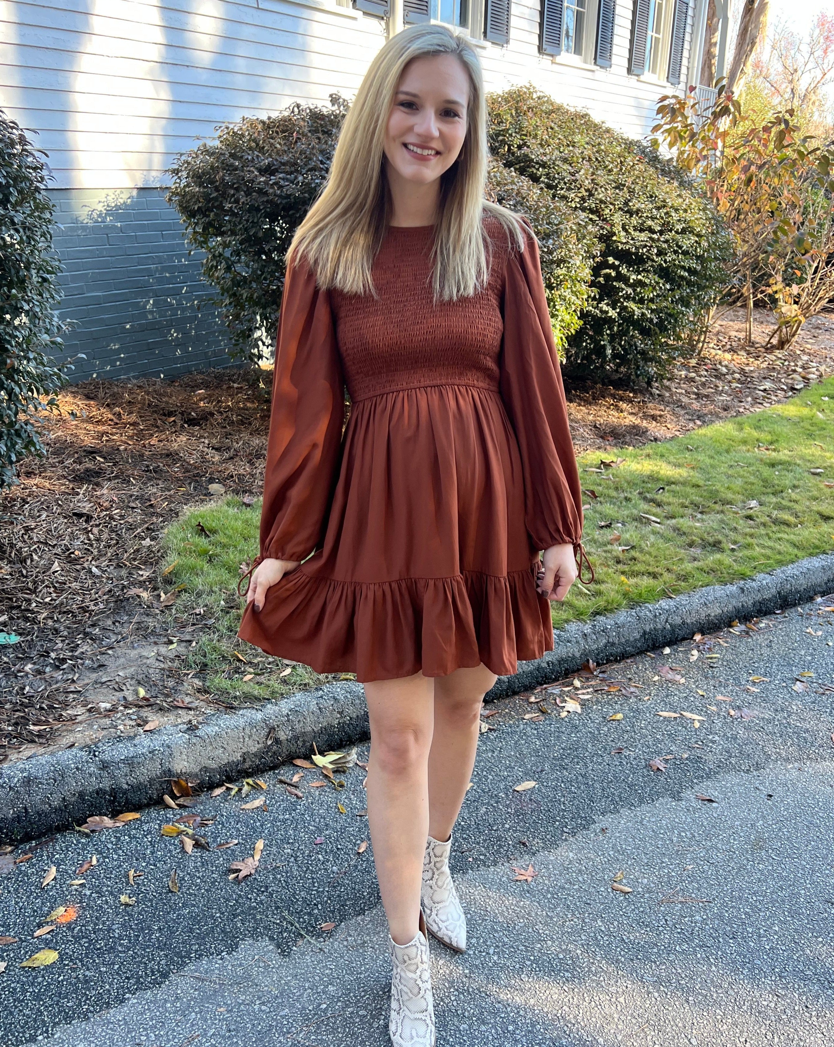 Luxuii Long Sleeve Crew Neck Smocked Tiered Mini Dress