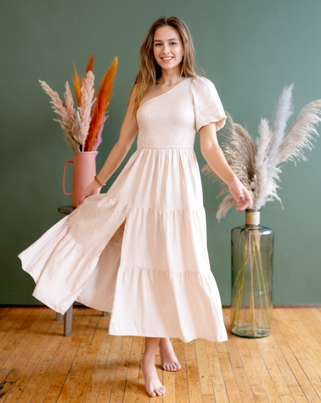Luxuii Boho One Shoulder Smocked Swing Midi Dress