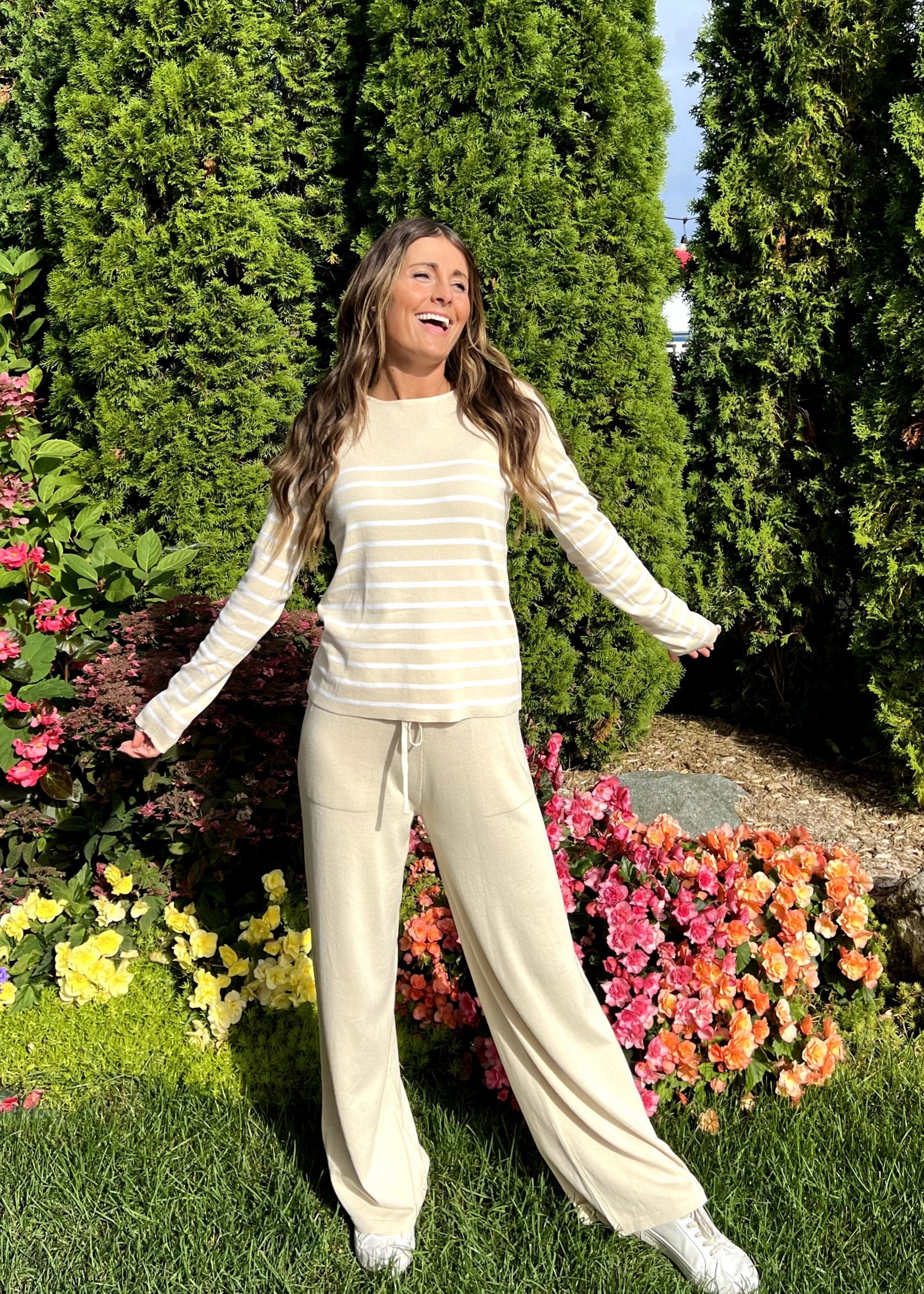 Luxuii Striped Knit Fitted Tops Wide Leg Pants Pajama Sets